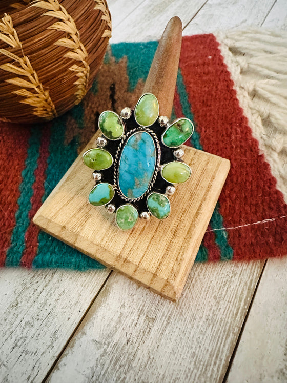 Navajo Sterling Silver & Multi Turquoise Cluster Adjustable Ring