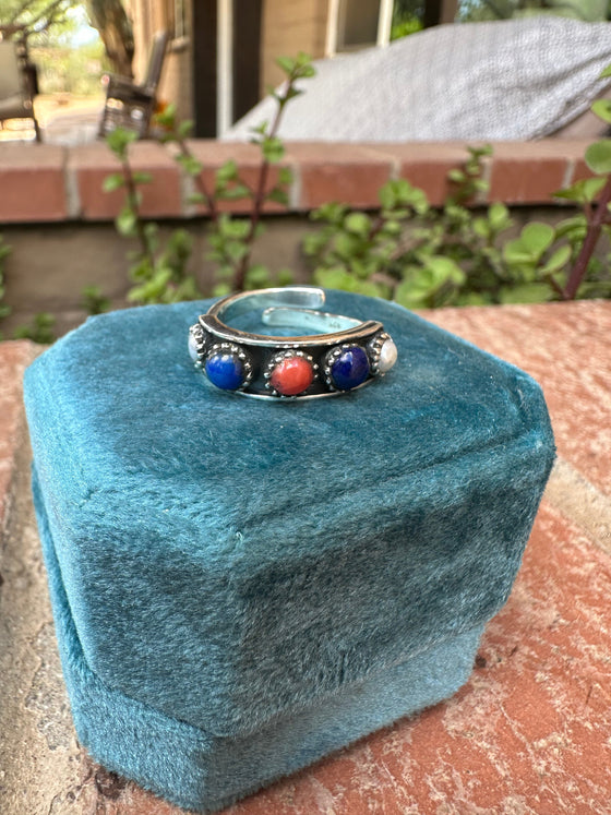 4TH OF JULY COLLECTION Handmade Coral, Lapis, Mother of Pearl Adjustable Band Ring