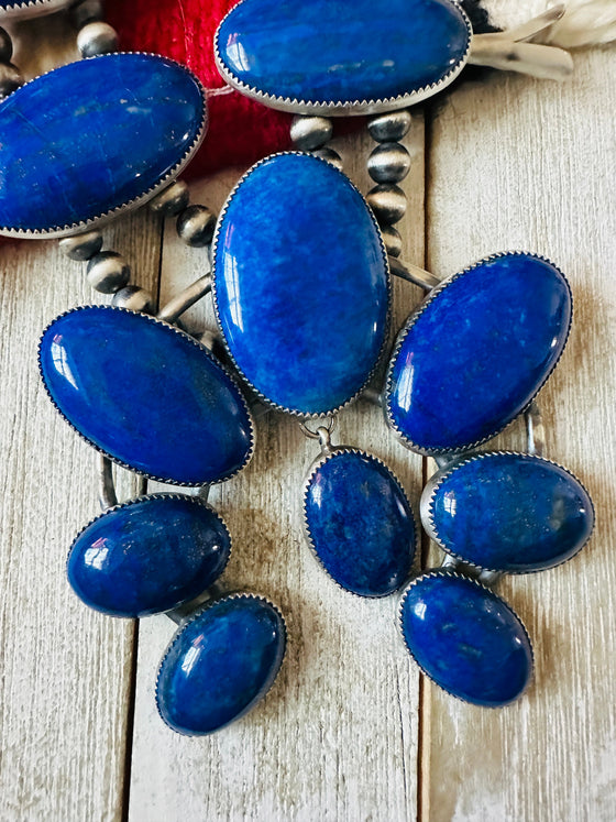 Vintage Old Pawn Navajo Lapis & Sterling Silver Beaded Squash Blossom Necklace Set