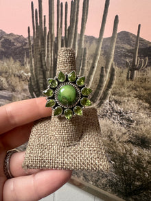  Handmade Sterling Silver, Sonoran Turquoise & Peridot Cluster Adjustable Ring