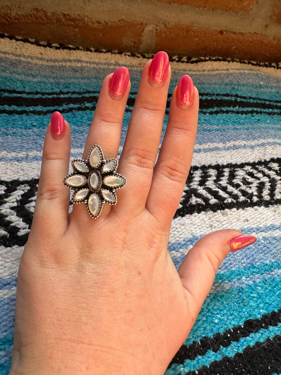 Beautiful Handmade Mother of Pearl And Sterling Silver Adjustable Ring