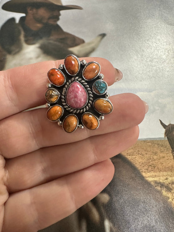 Handmade Purple Dream Mojave, Rhodonite, Orange Mojave And Sterling Silver Adjustable Ring