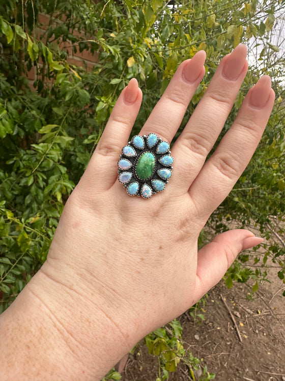 Handmade Sonoran Gold Turquoise, Light Blue Fire Opal & Sterling Silver Adjustable Ring Signed Nizhoni