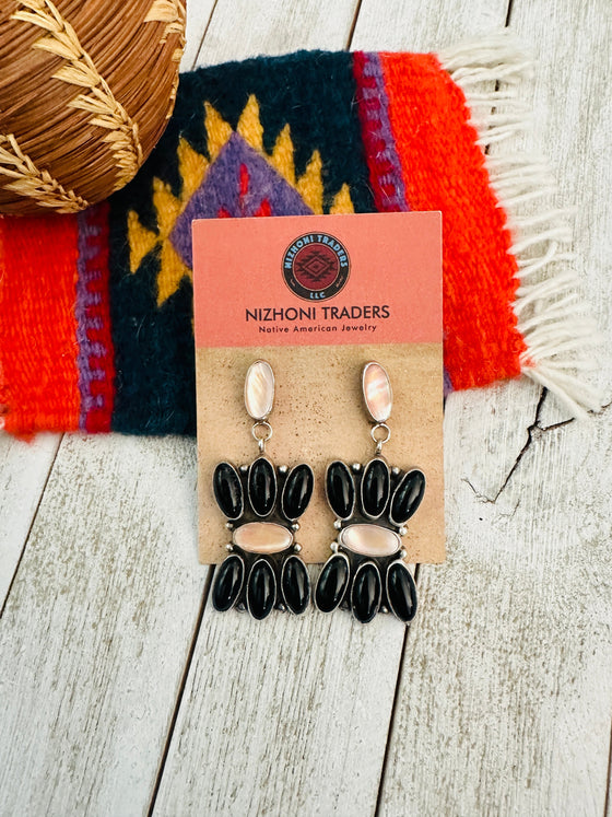 Navajo Mother of Pearl, Onyx & Sterling Silver Dangle Earrings