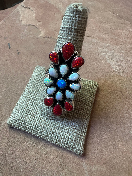 4TH OF JULY COLLECTION Handmade Red, White & Blue Fire Opal & Sterling Silver Adjustable Ring Signed Nizhoni