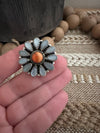 Beautiful Handmade Orange Spiny, Mother of Pearl And Sterling Silver Adjustable Ring