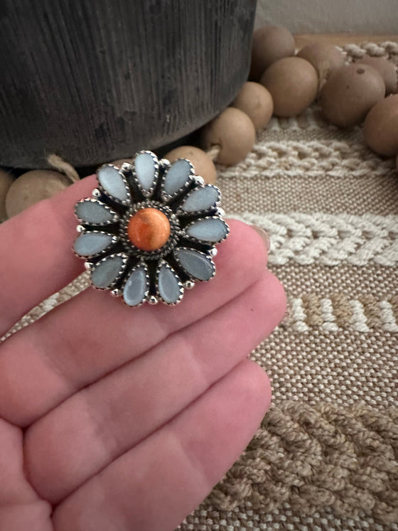 Beautiful Handmade Orange Spiny, Mother of Pearl And Sterling Silver Adjustable Ring