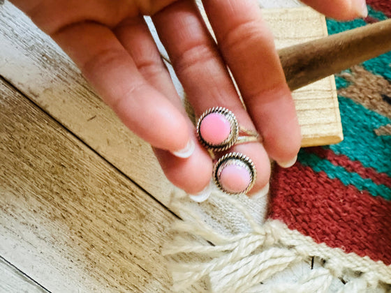 Navajo Sterling Silver & Queen Pink Conch 2 Stone Adjustable Ring