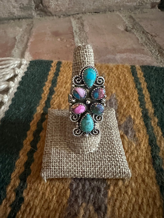 Handmade Turquoise, Pink Dream And Sterling Silver Adjustable Ring