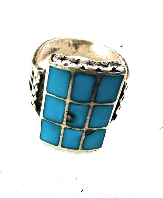 Old Pawn Vintage Navajo Sterling Silver & Turquoise Inlay Ring Size 12.5