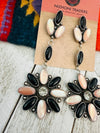 Navajo Mother of Pearl, Onyx & Sterling Silver Flower Dangle Earrings