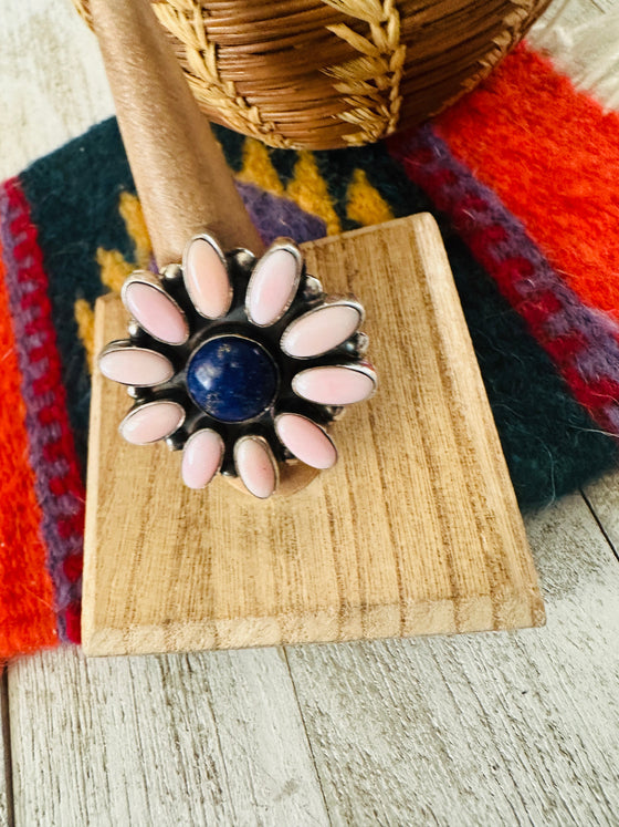 Navajo Sterling Silver, Queen Pink Conch Shell & Lapis Cluster Ring