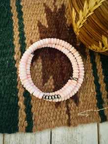  Navajo Queen Pink Conch Shell & Sterling Silver Pearl Beaded Wrap Bracelet