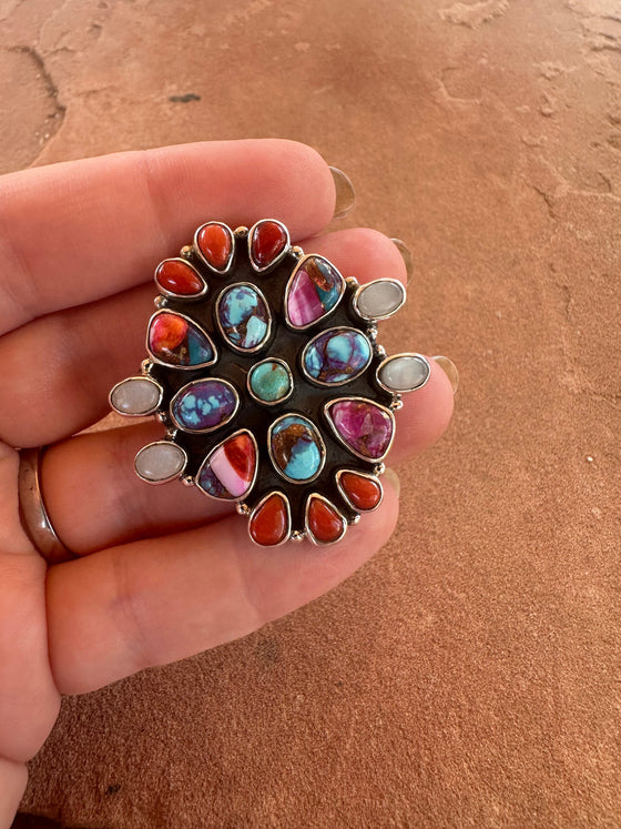 Beautiful Handmade Pink Dream Mojave, Coral, Mother of Pearl And Sterling Silver Adjustable Ring