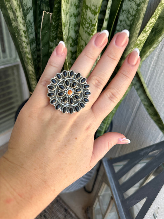 Beautiful Handmade Onyx, Spice And Sterling Silver Adjustable Cluster Ring Style 2