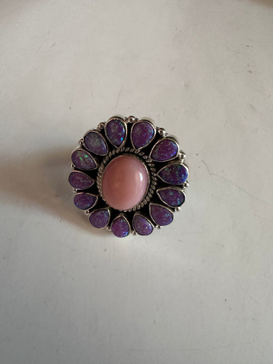 Handmade Pink Conch, Purple Fire Opal & Sterling Silver Adjustable Ring