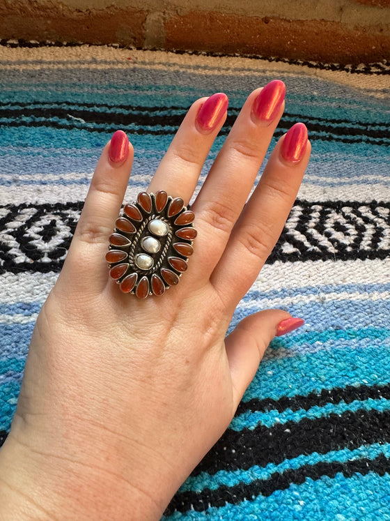 Beautiful Handmade Amber, Mother of Pearl And Sterling Silver Adjustable Cluster Ring