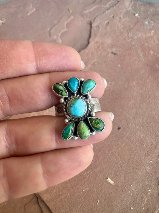 Handmade Sonoran Mountain Turquoise & Sterling Adjustable 7 Stone Ring