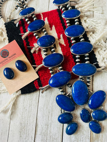  Vintage Old Pawn Navajo Lapis & Sterling Silver Beaded Squash Blossom Necklace Set