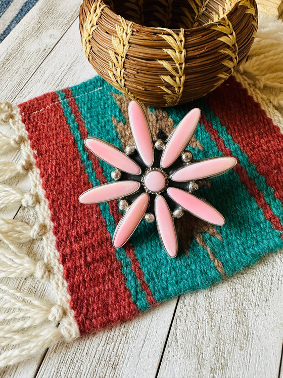 Navajo Sterling Silver & Queen Pink Conch Adjustable Flower Ring