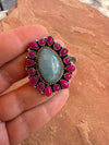 Handmade Aquamarine, Pink Onyx & Sterling Silver Adjustable Ring