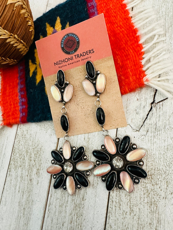 Navajo Mother of Pearl, Onyx & Sterling Silver Flower Dangle Earrings