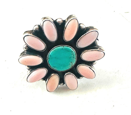 Navajo Sterling Silver, Queen Pink Conch Shell & Turquoise Cluster Ring