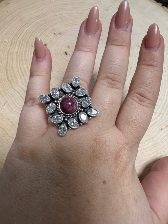 Handmade Sterling Silver, Cz & Purple Spiny Adjustable Ring Signed Nizhoni