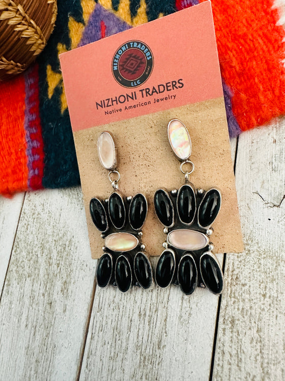 Navajo Mother of Pearl, Onyx & Sterling Silver Dangle Earrings