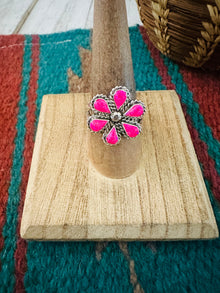  Zuni Sterling Silver & Pink Opal Flower Ring