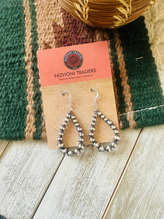 Navajo Sterling Silver Pearl Beaded Dangle Hoop Earrings