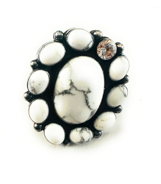 Navajo Sterling Silver, White Buffalo & CZ Cluster Ring Size 8