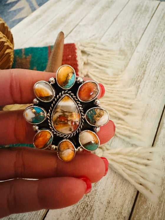 LNavajo Sterling Silver & Multi Stone Spice Cluster Adjustable Ring