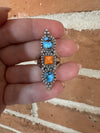 Nizhoni Handmade Golden Hills Turquoise, Orange Spiny & Sterling Silver 3 Stone Ring Size 7