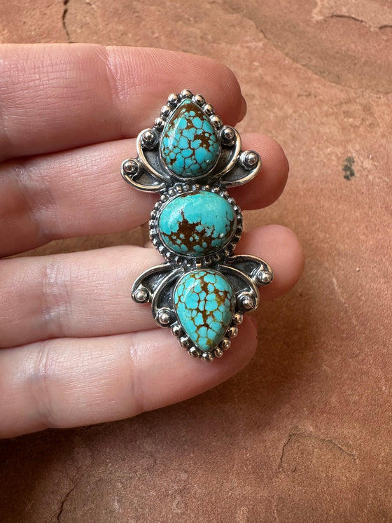 Beautiful Handmade Number 8 Turquoise And Sterling Silver Adjustable 3 Stone Ring