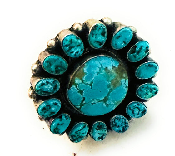 Navajo Turquoise & Sterling Silver Cluster Ring Size 7.25 by Ben Yellowhorse