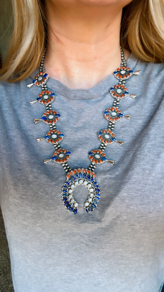 4th Of July Collection Handmade Sterling Silver, Lapis, Coral & Motherof Pearl Squash Blossom Necklace