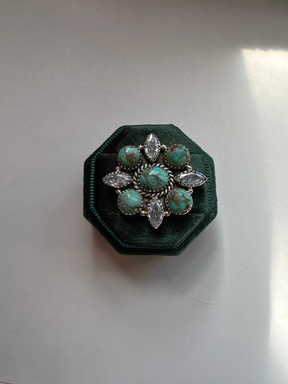 Nizhoni Handmade Adjustable Turquoise & Herkimer Diamond Sterling Silver Cluster Ring