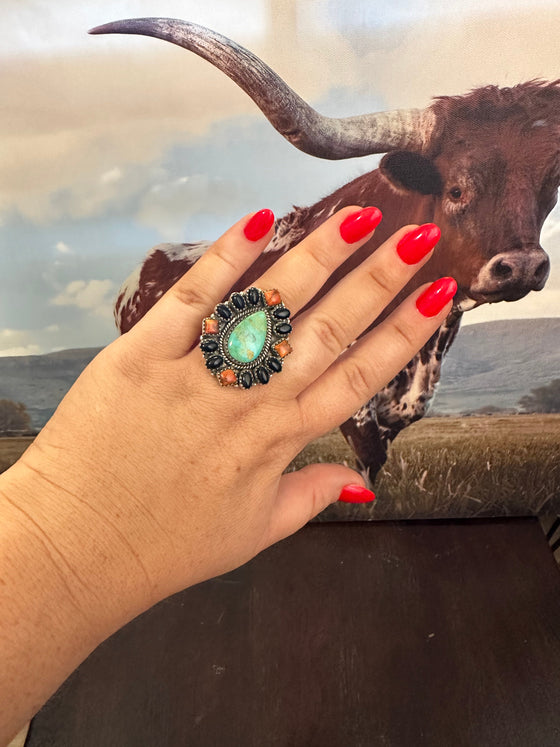 Nizhoni Handmade Sterling Silver, Onyx, Turquoise & Orange Mojave Adjustable Ring