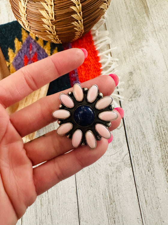 Navajo Sterling Silver, Queen Pink Conch Shell & Lapis Cluster Ring