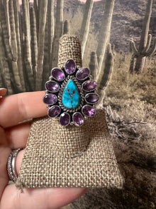  Handmade Sterling Silver, Amethyst, Sonoran Mountain Turquoise Cluster Adjustable Ring