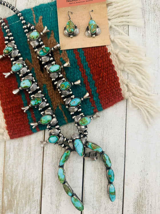 Navajo Sonoran Mountain Turquoise & Sterling Silver Squash Blossom Necklace Set