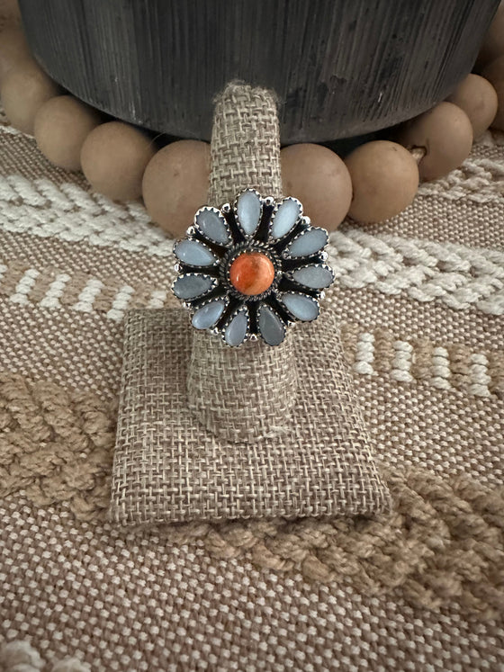 Beautiful Handmade Orange Spiny, Mother of Pearl And Sterling Silver Adjustable Ring