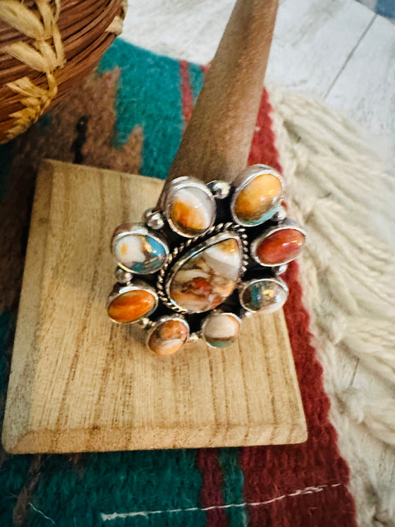 LNavajo Sterling Silver & Multi Stone Spice Cluster Adjustable Ring