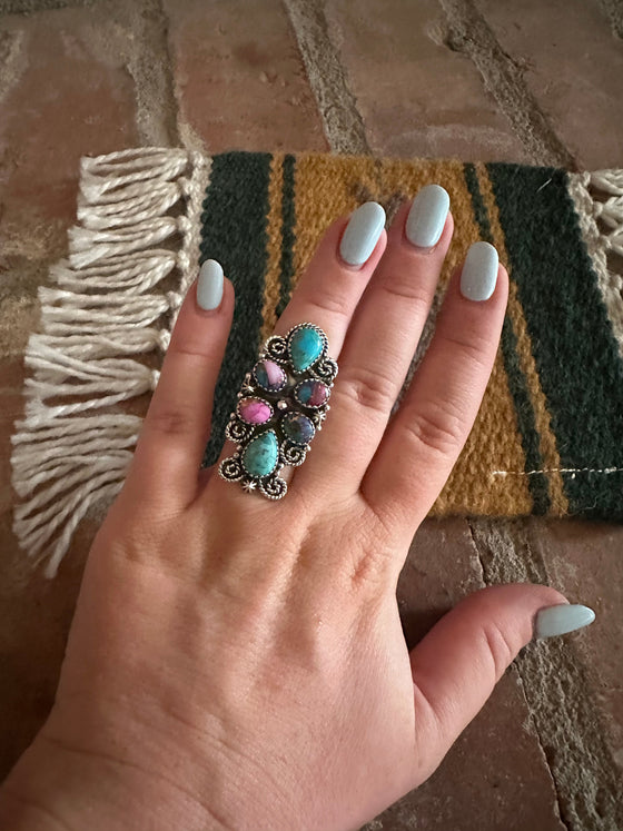 Handmade Turquoise, Pink Dream And Sterling Silver Adjustable Ring