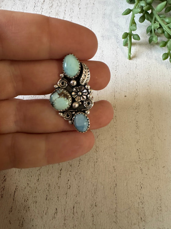 Handmade Golden Hills Turquoise & Sterling Silver Adjustable Flower Feather Ring Signed Nizhoni