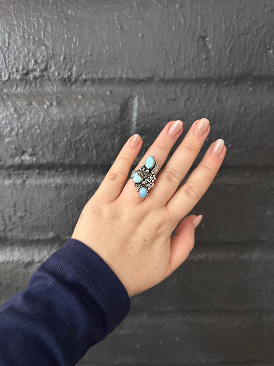 Handmade Golden Hills Turquoise & Sterling Silver Adjustable Flower Feather Ring Signed Nizhoni