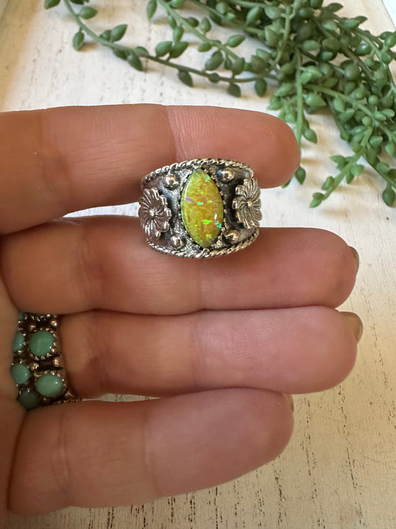 Beautiful Handmade Yellow Fire Opal And Sterling Silver Adjustable Flower Ring