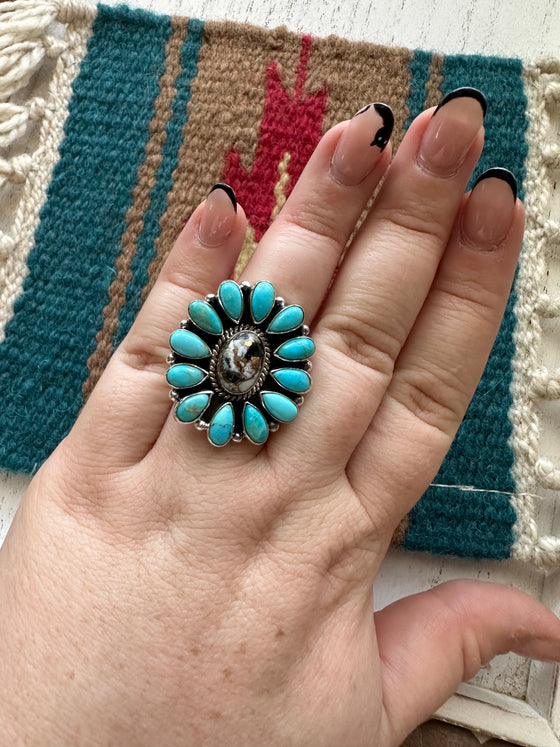 Beautiful Sterling Silver, Turquoise & White Buffalo Mojave Adjustable Ring