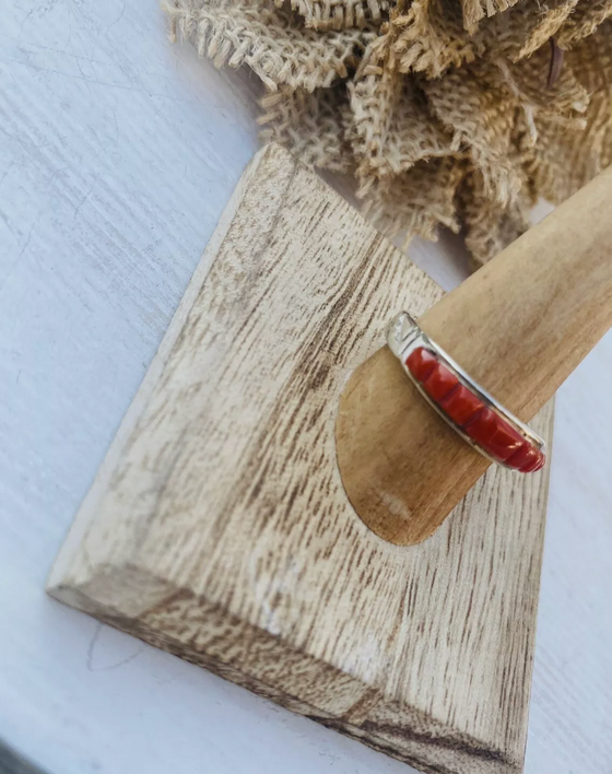 Navajo Coral and Sterling Silver Band Ring Size 8.75